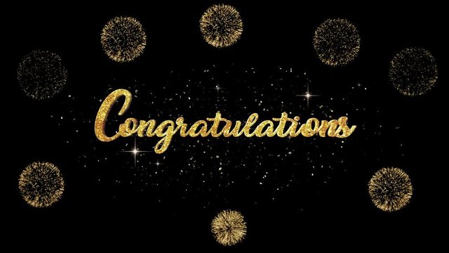 Congratulations Beautiful golden greeting Text Appearance from blinking particles with golden fireworks background.
