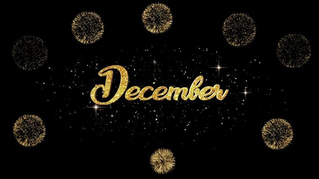 December Beautiful golden greeting Text Appearance from blinking particles with golden fireworks background.
