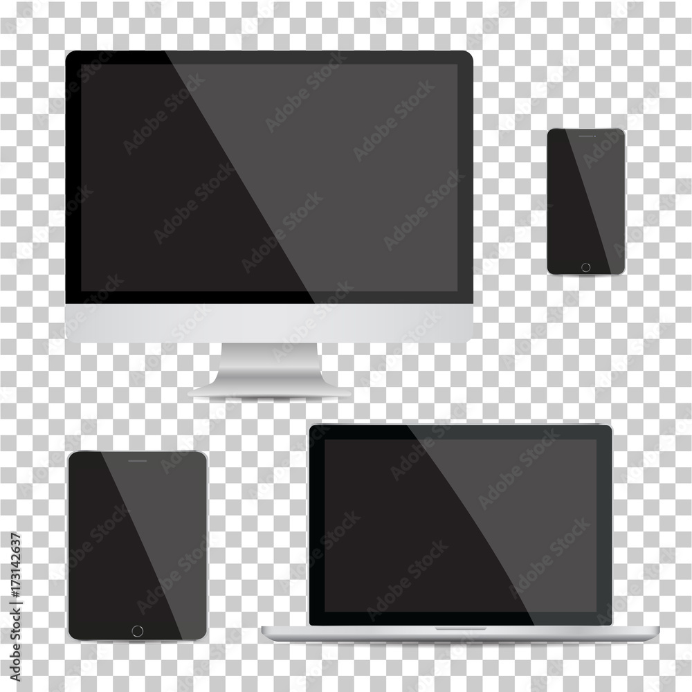 Poster set of realistic computer monitor, laptop, tablet and mobile phone with empty white screen. various 
