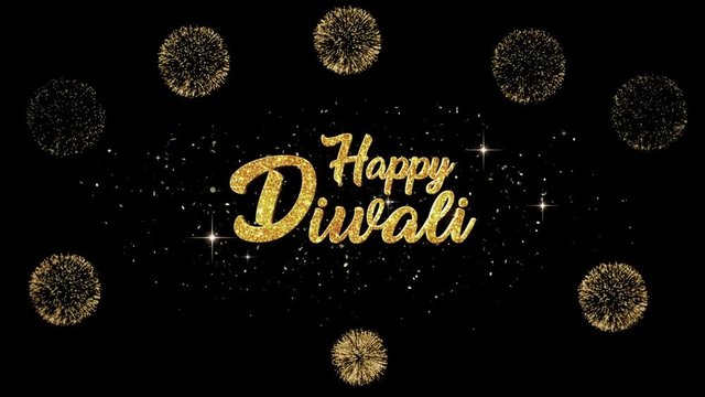 Happy Diwali Beautiful golden greeting Text Appearance from blinking particles with golden fireworks background.
