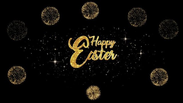  Happy Easter Beautiful golden greeting Text Appearance from blinking particles with golden fireworks background.
