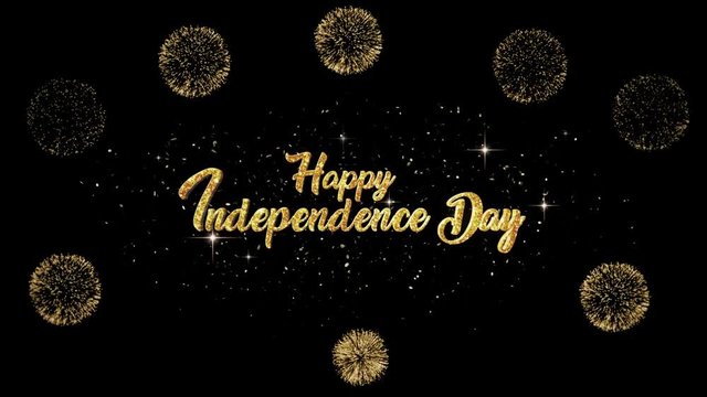 Happy Independence Day Beautiful golden greeting Text Appearance from blinking particles with golden fireworks background.
