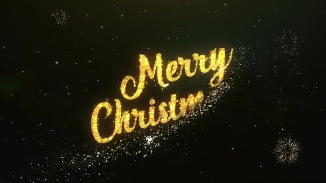 Merry Christmas Greeting Text Made from Sparklers Light Dark Night Sky With Colorfull Firework.
