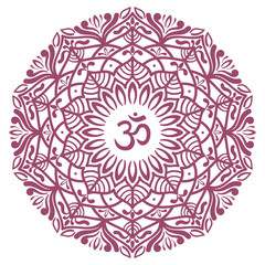 Om symbol with hand drawn mandala. Oriental decorative ornament  can be used for greeting card, wedding invitation, yoga poster, coloring book.