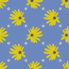 Fototapeta na wymiar seamless hand drawn yellow flower with silver dot glitter pattern on blue background