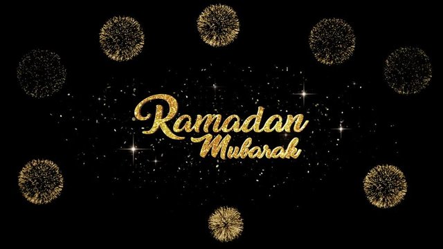 Ramadan Kareem (Eid Mubarak) Beautiful golden greeting Text Appearance from blinking particles with golden fireworks background.
