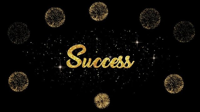 Success Beautiful golden greeting Text Appearance from blinking particles with golden fireworks background.
