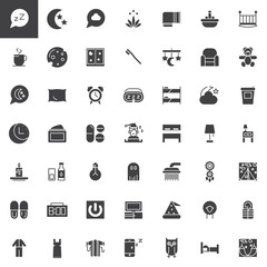 Sleep time vector icons set, modern solid symbol collection, filled pictogram pack. Signs, logo illustration. Set includes icons as bed, dream, night, moon, star, pillow, pajamas, slippers