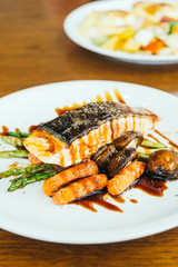 Grilled salmon meat fillet steak with vegetable