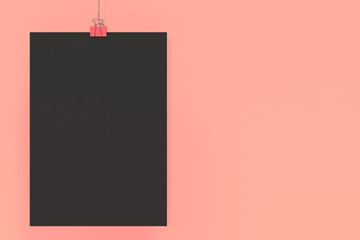 Blank black poster with binder clip mockup on red background