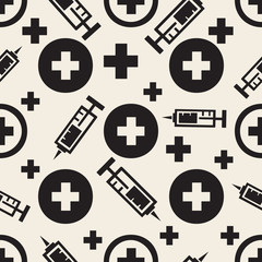 seamless monochrome aid symbol with cross and syringe pattern background