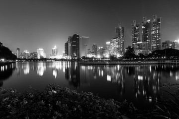 Cityscape of Benchakitti Park in Thailand, black and white.