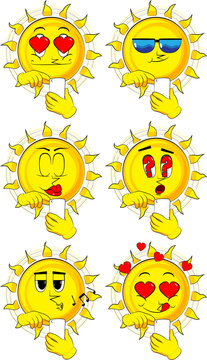 Cartoon sun using a mobile phone. Collection with various facial expressions. Vector set.