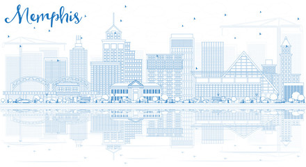 Outline Memphis Skyline with Blue Buildings and Reflections.