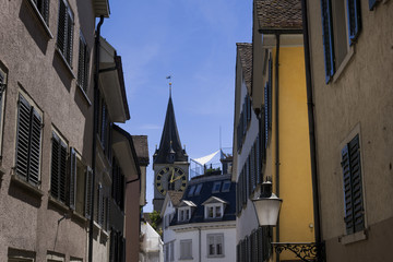 View of Old Town in Zurich near Lindenhof Park
