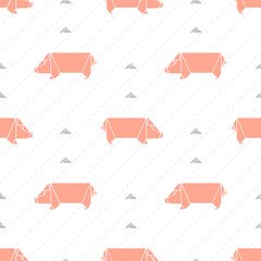 seamless pink origami pig pattern on yellow stipe background