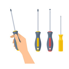 Human hand holds screwdriver. Flat illustration of male hand with builder and construction tool and screwdrivers with cross and flat heads. Vector design element set isolated on white background.
