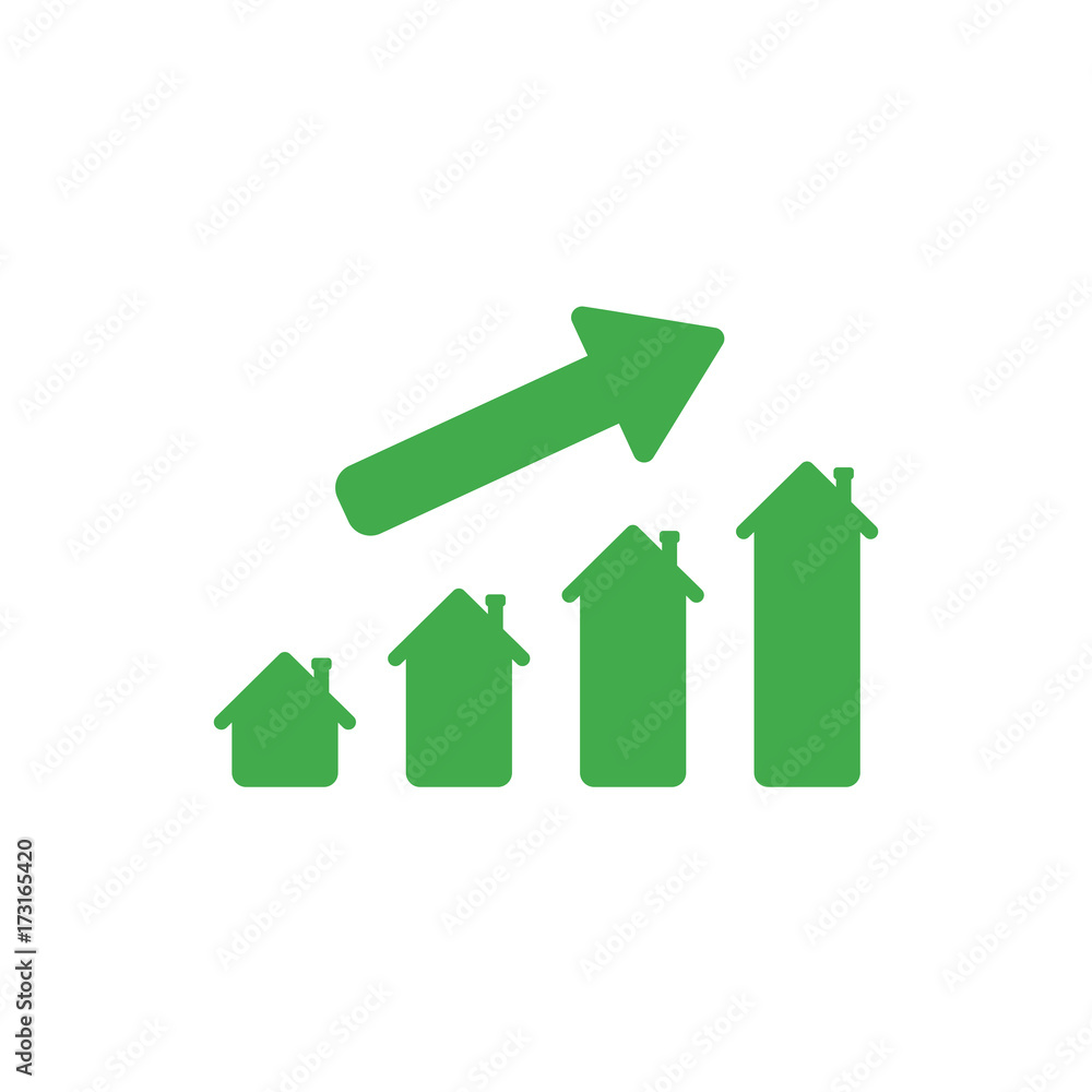 Poster flat design style vector concept of house sales or value bar chart with arrow moving up