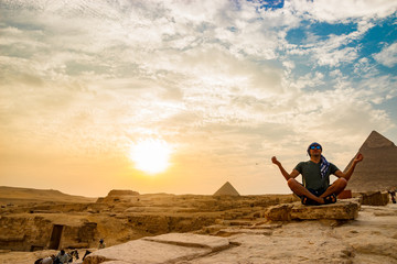 Meditation near the pyramids in Cairo, Egypt