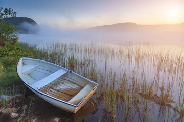 Foto op Canvas Boat on the shore of a misty lake on a summer morning © Anton Petrus