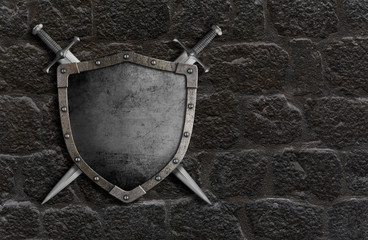 Obraz na płótnie Canvas medieval shield with crossed swords on castle stone wall 3d illustration