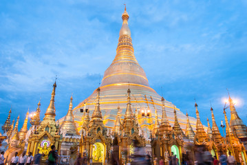 Yangon, Myanmar. Sep 9, 2017. Myanmer famous sacred place and tourist attraction landmark, Shwedagon Paya pagoda illuminated in the evening.