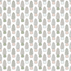 Colorful mushroom hand drawn vector seamlees pattern. Isolated Sketch organic food drawing background. Champignon, morel, enokitake, porcini, oyster, honey agaric, chanterelle, fungi, russula.