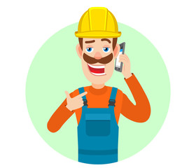 Builder pointing his finger at the mobile phone that he talks