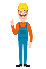 Builder with crossed fingers