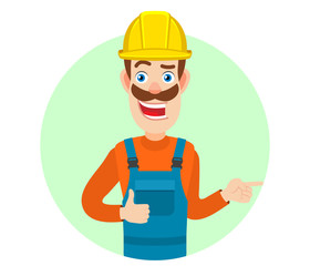 Builder showing thumb up and pointing something beside of him