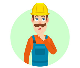 Builder standing with his finger to his lips