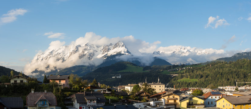 Bischofshofen, Pongau, Salzburger Land, Austria, landscape on the city and the alps. Fresh snow at the begin of Autumn
