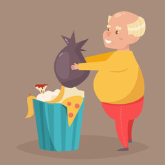 Old man throws garbage in the trash