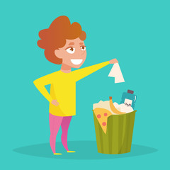 Man throws garbage in the trash. Vector.