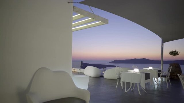 4k travel video walking in luxury restaurants terrace outdoors on santorini island on romantic sunset evening with honeymoon couple dining