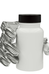 3d illustration of a bottle of medicine in hand robot
