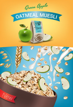 Oatmeal muesli ads. Vector realistic illustration of oatmeal muesli with green apple.
