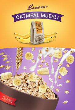 Oatmeal muesli ads. Vector realistic illustration of oatmeal muesli with banana.