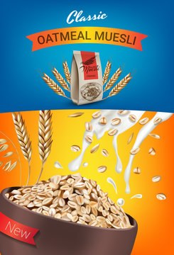 Oatmeal muesli ads. Vector realistic illustration of oatmeal muesli.