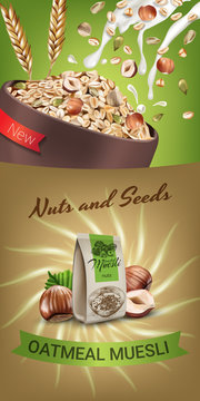 Oatmeal muesli ads. Vector realistic illustration of oatmeal muesli with nuts and seeds.