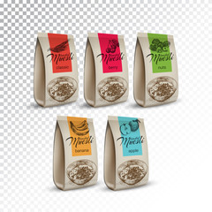 Vector realistic illustration of packaging muesli with various tastes.