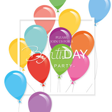Festive holiday template with colorful balloons and square cutout frame. Birthday party invitation.