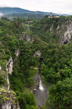 Panorama of the large large canyon in Slovenia central europe national reserve caves suspension bridge 
