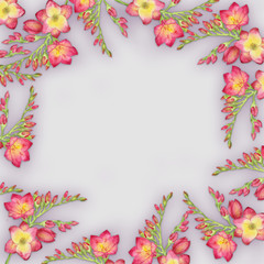 Watercolor illustration of a red freesia, bouquet, branch with buds .Wedding and birthday drawing. Greeting card. Painted background. Hand-painted floral illustration. Flower print. Fabric Pattern