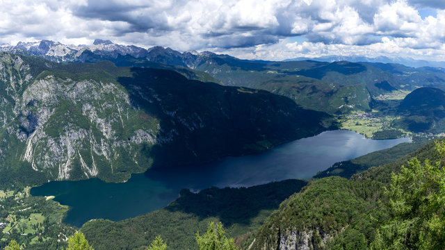 Panorama of the lake Bohinj from the edge of the mountain where Vogel ski resort is located