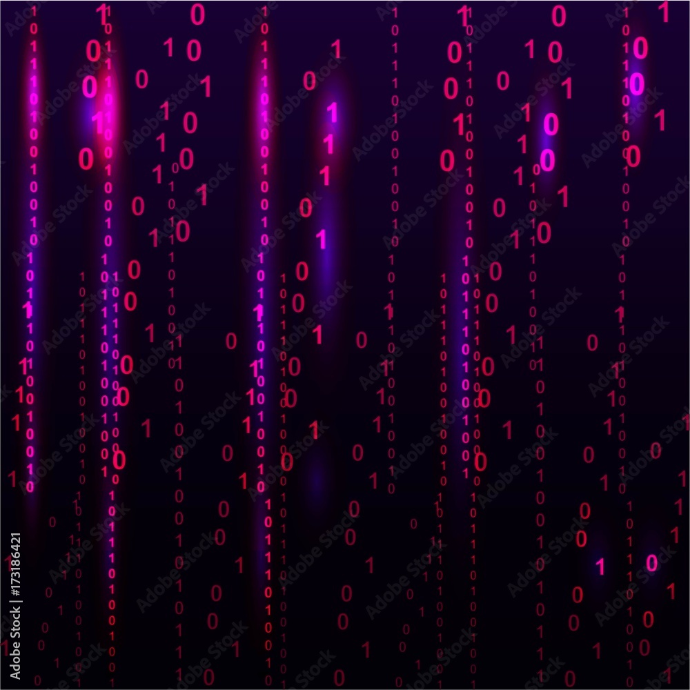 Poster abstract violet matrix background with columns of numbers, glow. vector illustration
