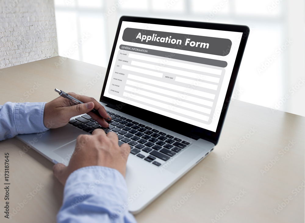 Poster business man working on laptop computer use online web job application form moniter