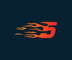 Number 5 fire flame Logo. speed race design concept template
