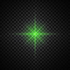 Vector green glowing lights on transparent background. Special effect light rays. Spark, star burst, flash. Spotlight flare. Illumination.