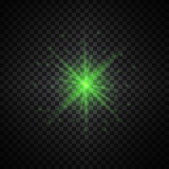 Vector green glowing lights on transparent background. Special effect light rays. Spark, star burst, flash. Spotlight flare. Illumination.